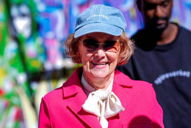 Queen Sonja of Norway is pictured during a meeting with young design talents organised by non-profit organization Spireverket at Sofienberg Church in Oslo on April 23, 2026. The Queen was given a tour of the site, to see how Spireverket contributes to the work of transforming Sofienberg Church into a cultural center for children, youth and the neighborhood. (Photo by Lise Åserud / NTB / AFP) / Norway OUT