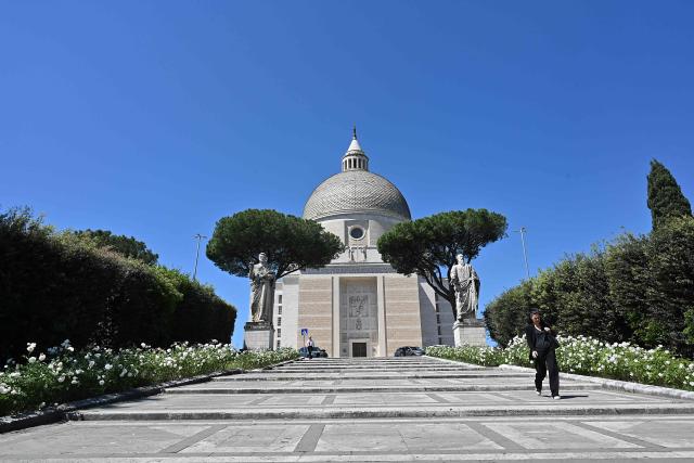 A picture shows the Saints Peter and Paul basilica in the EUR district of Rome, on April 23, 2026. (Photo by Andreas SOLARO / AFP)