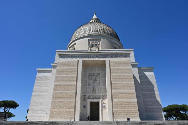 A picture shows the Saints Peter and Paul basilica in the EUR district of Rome, on April 23, 2026. (Photo by Andreas SOLARO / AFP)
