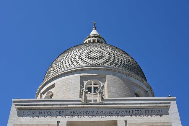 A picture shows the Saints Peter and Paul basilica in the EUR district of Rome, on April 23, 2026. (Photo by Andreas SOLARO / AFP)