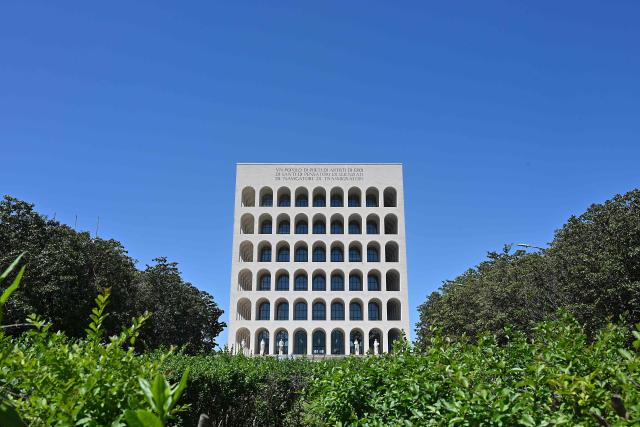 A picture shows the Palazzo della Civilta Italiana, also known as the Colosseo Quadrato ("Square Colosseum") in the EUR district of Rome, on April 23, 2026. (Photo by Andreas SOLARO / AFP)