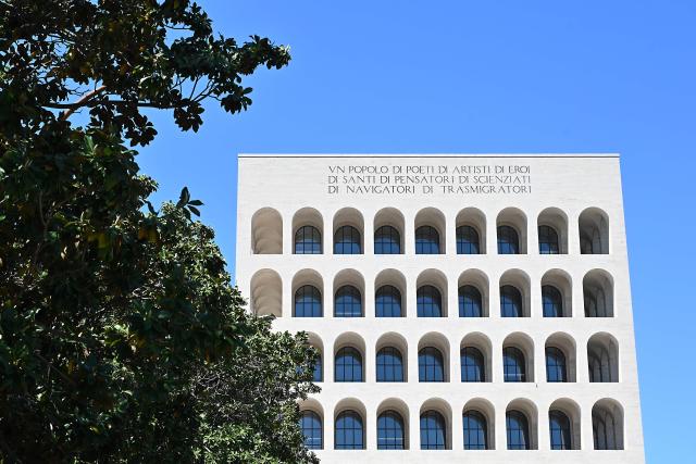 A picture shows the Palazzo della Civilta Italiana, also known as the Colosseo Quadrato ("Square Colosseum") in the EUR district of Rome, on April 23, 2026. (Photo by Andreas SOLARO / AFP)