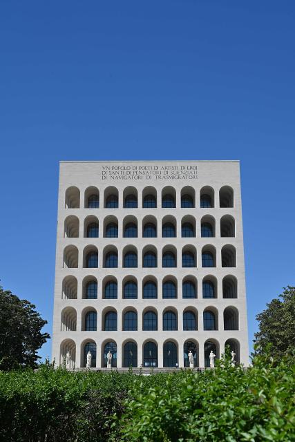 A picture shows the Palazzo della Civilta Italiana, also known as the Colosseo Quadrato ("Square Colosseum") in the EUR district of Rome, on April 23, 2026. (Photo by Andreas SOLARO / AFP)