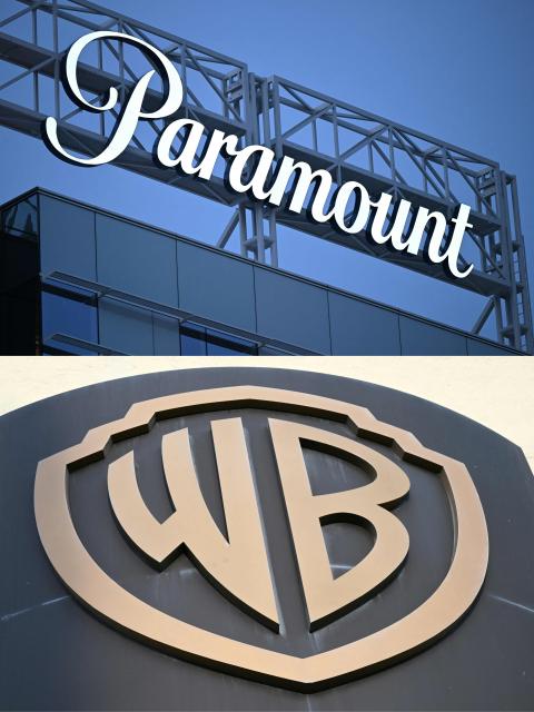 (FILES) (COMBO) This combination of files pictures created on December 22, 2025 shows the Paramount logo (TOP) displayed at Columbia Square along Sunset Blvd in Hollywood, California on March 9, 2023 and the WB logo on the exterior of Warner Bros. Studios, Burbank in Burbank, California on October 21, 2025. Warner Bros. Discovery on April 23 said shareholders approved its sale to Paramount Skydance, giving a green light to a hostile takeover bid valuing the combined company at $110 billion. (Photo by Patrick T. Fallon and Robyn Beck / AFP)