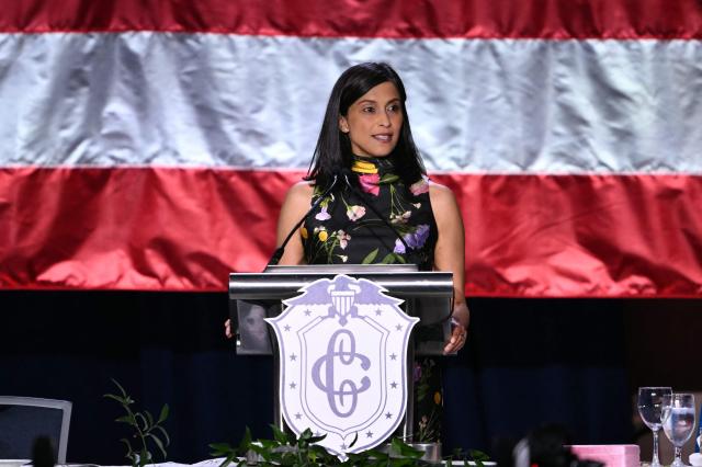 US Second Lady Usha Vance speaks during the 113th Annual First Lady’s Luncheon hosted by The Congressional Club Museum and Foundation at the Washington Hilton in Washington, DC on April 23, 2026.  (Photo by Mandel NGAN / AFP)