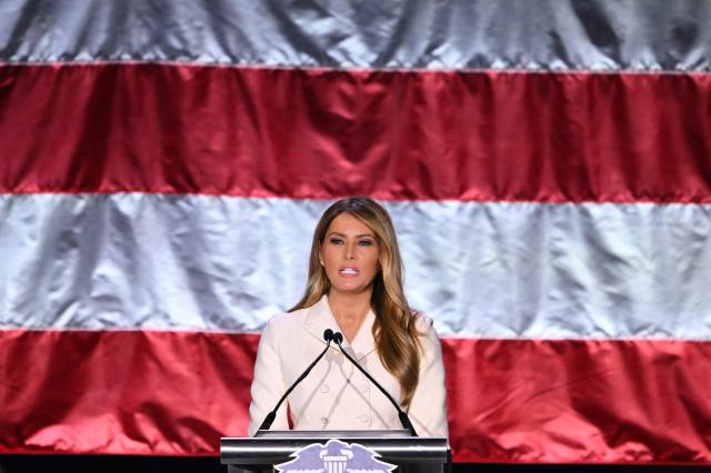 US First Lady Melania Trump speaks during the 113th Annual First Lady's Luncheon at the Washington Hilton in Washington, DC, on April 23, 2026. (Photo by Mandel NGAN / AFP)