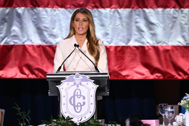 US First Lady Melania Trump speaks during the 113th Annual First Lady's Luncheon at the Washington Hilton in Washington, DC, on April 23, 2026. (Photo by Mandel NGAN / AFP)