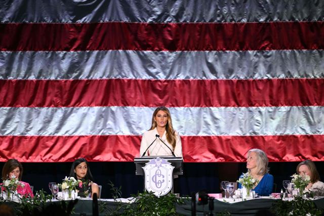 US First Lady Melania Trump speaks during the 113th Annual First Lady’s Luncheon hosted by The Congressional Club Museum and Foundation at the Washington Hilton in Washington, DC on April 23, 2026. Also pictured, US Second Lady Usha Vance (2L).  (Photo by Mandel NGAN / AFP)