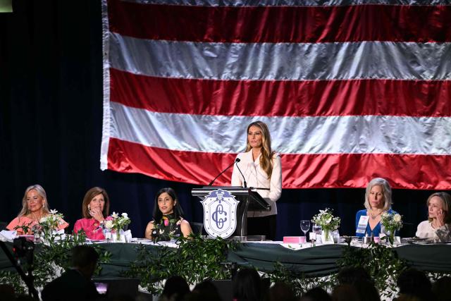 US First Lady Melania Trump speaks during the 113th Annual First Lady’s Luncheon hosted by The Congressional Club Museum and Foundation at the Washington Hilton in Washington, DC on April 23, 2026. Also pictured, US Second Lady Usha Vance (3L).  (Photo by Mandel NGAN / AFP)