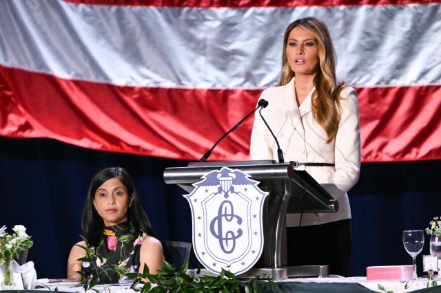 US First Lady Melania Trump speaks during the 113th Annual First Lady's Luncheon at the Washington Hilton in Washington, DC, on April 23, 2026 as Second Lady Usha Vance looks on. (Photo by Mandel NGAN / AFP)