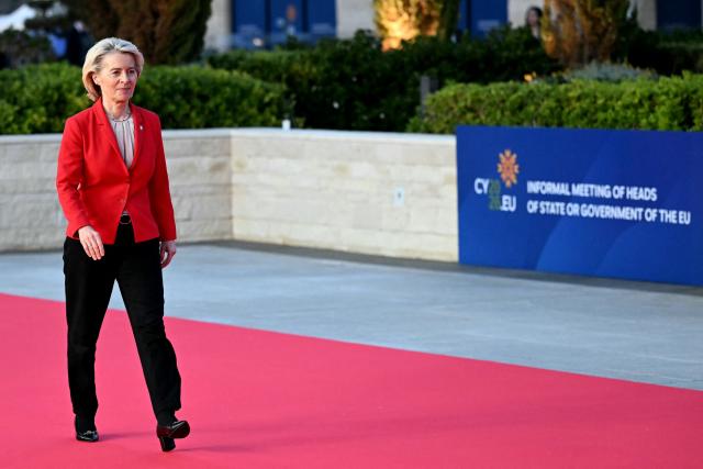 European Commission President Ursula von der Leyen walks upon her arrival ahead of an informal meeting of the European Council, in Ayia Napa on April 23, 2026. (Photo by NICOLAS TUCAT / AFP)