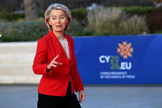 European Commission President Ursula von der Leyen walks upon her arrival ahead of an informal meeting of the European Council, in Ayia Napa on April 23, 2026. (Photo by NICOLAS TUCAT / AFP)