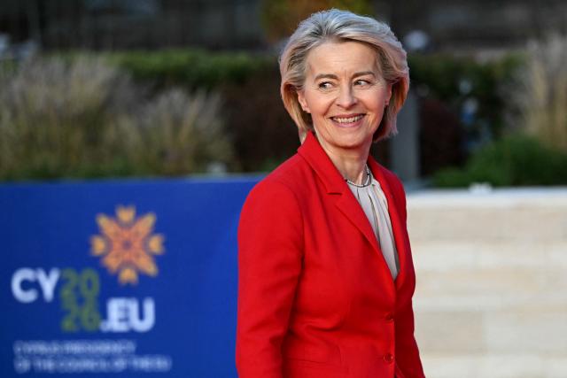 European Commission President Ursula von der Leyen walks upon her arrival ahead of an informal meeting of the European Council, in Ayia Napa on April 23, 2026. (Photo by NICOLAS TUCAT / AFP)
