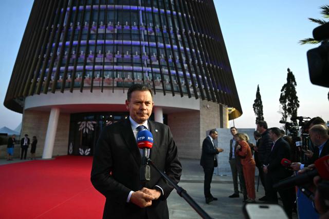 Portugal's Prime Minister Luis Montenegro speaks to the media upon his arrival ahead of an informal meeting of the European Council, in Ayia Napa on April 23, 2026. (Photo by NICOLAS TUCAT / AFP)
