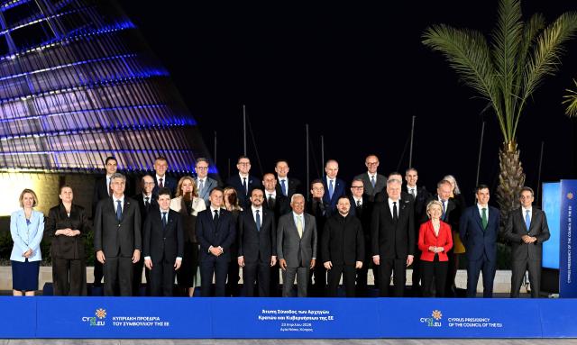 Leaders pose for a group photograph upon their arrival ahead of an informal meeting of the European Council, in Ayia Napa on April 23, 2026. (Photo by Jewel SAMAD / AFP)