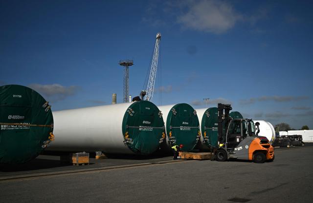 Parts for the construction of wind turbines are ready for shipping at the harbour in Emden, northwestern Germany, on April 23, 2026 during a media day ahead of the National Maritime Conference. The National Maritime Conference (NMK), scheduled for April 29 and 30, 2026, is the German government's central event for supporting the maritime industry. (Photo by Ina FASSBENDER / AFP)