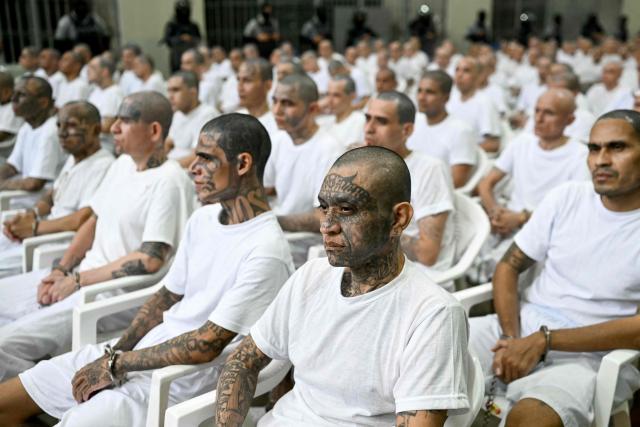 Alleged members of the Mara Salvatrucha (MS-13) gang attend a remote court hearing by videoconference at the Terrorism Confinement Center (CECOT) in Tecoluca, El Salvador on April 23, 2026. Nearly 490 alleged members of the powerful Central American gang Mara Salvatrucha (MS-13), including several alleged leaders, went on trial collectively in El Salvador, accused of thousands of murders. (Photo by Marvin RECINOS / AFP)