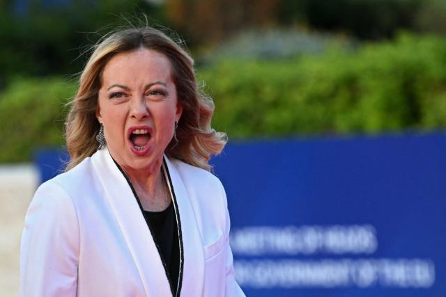 Italy's Prime Minister Giorgia Meloni arrives ahead of an informal meeting of the European Council, in Ayia Napa on April 23, 2026. (Photo by NICOLAS TUCAT / AFP)