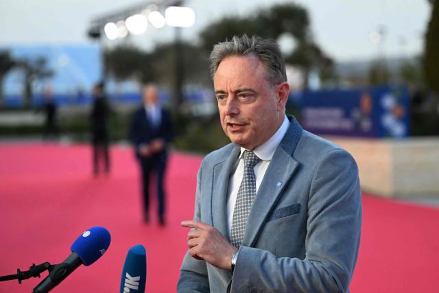 Belgium's Prime Minister Bart De Wever speaks to the media upon his arrival ahead of an informal meeting of the European Council, in Ayia Napa on April 23, 2026. (Photo by NICOLAS TUCAT / AFP)