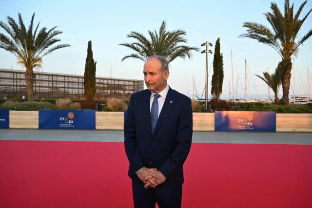Ireland's Prime Minister Micheal Martin stands upon his arrival ahead of an informal meeting of the European Council, in Ayia Napa on April 23, 2026. (Photo by NICOLAS TUCAT / AFP)