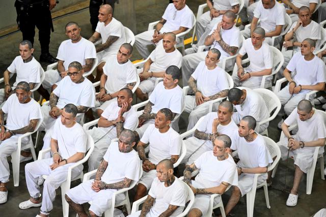 Alleged members of the Mara Salvatrucha (MS-13) gang attend a remote court hearing by videoconference at the Terrorism Confinement Center (CECOT) in Tecoluca, El Salvador on April 23, 2026. Nearly 490 alleged members of the powerful Central American gang Mara Salvatrucha (MS-13), including several alleged leaders, went on trial collectively in El Salvador, accused of thousands of murders. (Photo by MARVIN RECINOS / AFP)