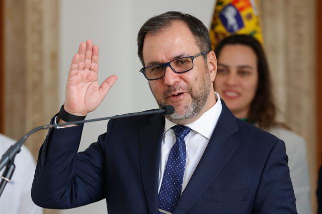 Venezuela's Foreign Minister Yvan Gil speaks during a joint press conference with his Colombian counterpart, Foreign Minister Rosa Yolanda Villavicencio, in Caracas on April 23, 2026. (Photo by AFP stringer / AFP)