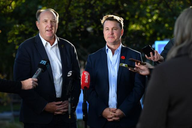 World Rugby Chair Brett Robinson (L) and Super Rugby Pacific CEO Jack Mesley speak to the media in Christchurch on April 24, 2026. (Photo by Sanka Vidanagama / AFP)
