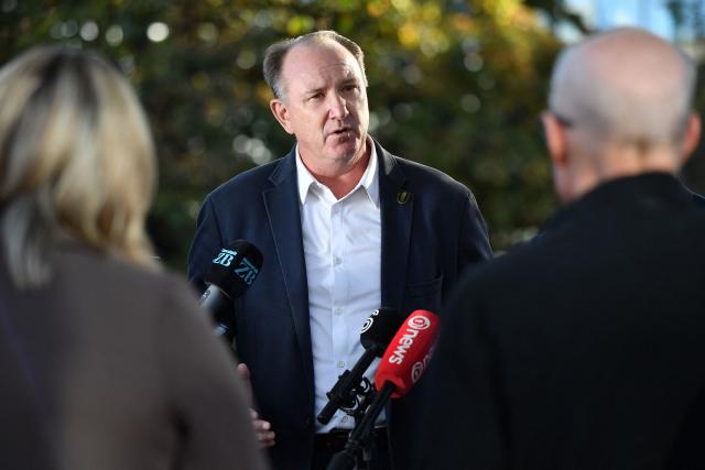 World Rugby Chair Brett Robinson speaks to the media in Christchurch on April 24, 2026. (Photo by Sanka Vidanagama / AFP)