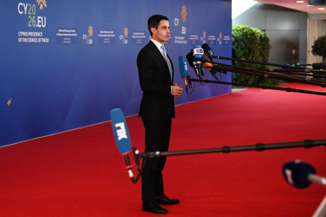 Netherlands' Prime Minister Rob Jetten speaks to journalists as he arrives for an informal meeting of the European Council in Nicosia on April 24, 2026. (Photo by NICOLAS TUCAT / AFP)