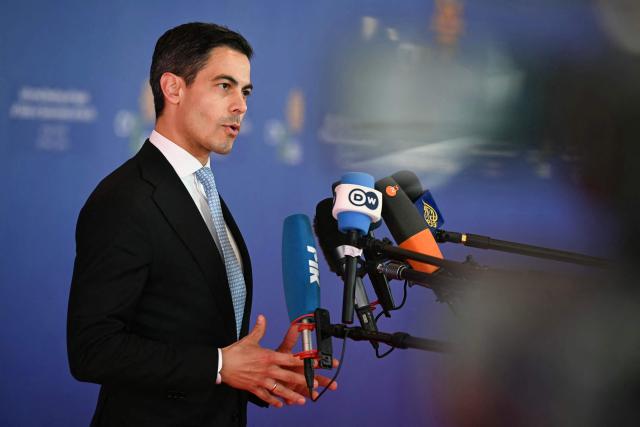 Netherlands' Prime Minister Rob Jetten speaks to journalists as he arrives for an informal meeting of the European Council in Nicosia on April 24, 2026. (Photo by NICOLAS TUCAT / AFP)