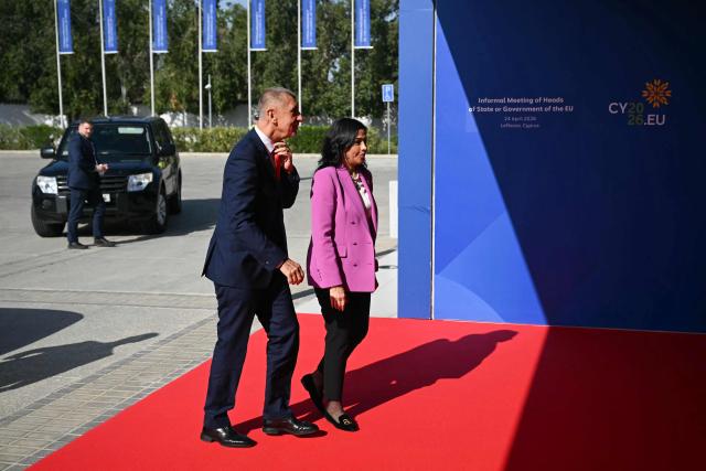 Czech Prime Minister Andrej Babis (L) arrives for an informal meeting of the European Council in Nicosia on April 24, 2026. (Photo by NICOLAS TUCAT / AFP)