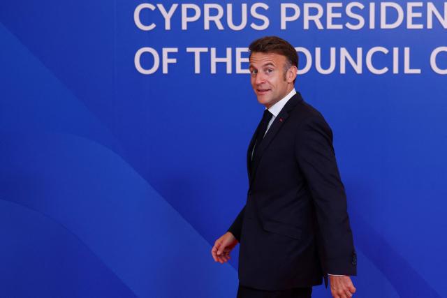 France's President Emmanuel Macron arrives for an informal meeting of the European Council in Nicosia on April 24, 2026. (Photo by Yves Herman / POOL / AFP)