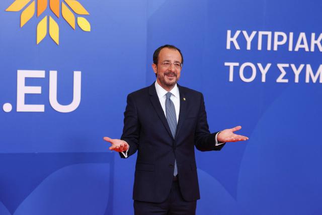 Cyprus' President Nikos Christodoulides gestures as leaders arrive for an informal meeting of the European Council in Nicosia on April 24, 2026. (Photo by Yves Herman / POOL / AFP)