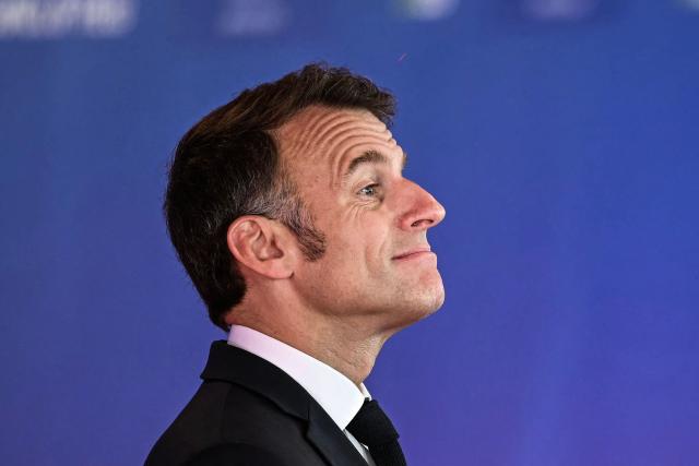 TOPSHOT - France's President Emmanuel Macron speaks to journalists as he arrives for an informal meeting of the European Council in Nicosia on April 24, 2026. (Photo by NICOLAS TUCAT / AFP)