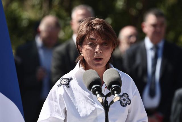 Aix-Marseille-Provence Metropole's president Martine Vassal addresses the audience during a commemoration ceremony marking the 111th anniversary of the World War I-era mass killings of Armenians under the Ottoman Empire in 1915, at the "Memorial du Genocide" in Marseille, southeastern France, on April 24, 2026. (Photo by Thibaud MORITZ / AFP)