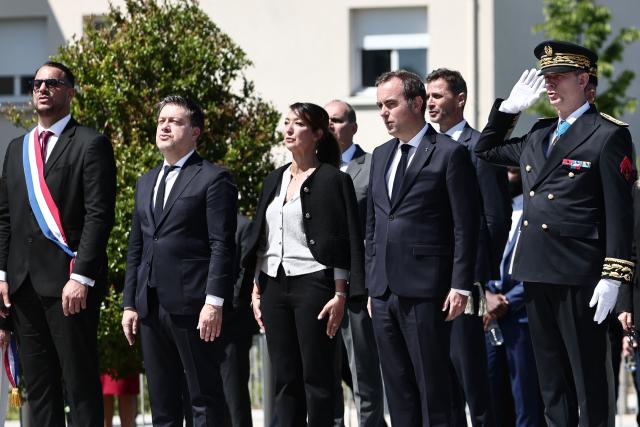(From L) La France Insoumise - Nouveau Front Populaire's MP Sebastien Delogu, Mayor of Marseille Benoit Payan, France's junior Minister for Education Sabrina Agresti-Roubache, France's Prime Minister Sebastien Lecornu and Prefect of the Provence-Alpes Cote d'Azur region Jacques Witkowski attend a commemoration ceremony marking the 111th anniversary of the World War I-era mass killings of Armenians under the Ottoman Empire in 1915, at the "Memorial du Genocide" in Marseille, southeastern France, on April 24, 2026. (Photo by Thibaud MORITZ / AFP)