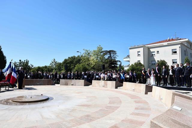 This general view shows La France Insoumise - Nouveau Front Populaire's MP Sebastien Delogu, Mayor of Marseille Benoit Payan, French politician Sabrina Agresti-Roubache, France's Prime Minister Sebastien Lecornu, Prefect of the Provence-Alpes Cote d'Azur region Jacques Witkowski, Aix-Marseille-Provence Metropole's president Martine Vassal and Rassemblement National's MP Franck Allisio attending a commemoration ceremony marking the 111th anniversary of the World War I-era mass killings of Armenians under the Ottoman Empire in 1915, at the "Memorial du Genocide" in Marseille, southeastern France, on April 24, 2026. (Photo by Thibaud MORITZ / AFP)