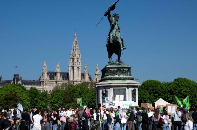 Students, teachers and environment organizations attend a demonstration called by the Fridays For Future movement, "Our budget, our Future"  for an end of subsidies for oil and gas on April 24,2026, outside of the Hoffburg palace at the Helden square in Vienna, Austria. (Photo by Joe Klamar / AFP)