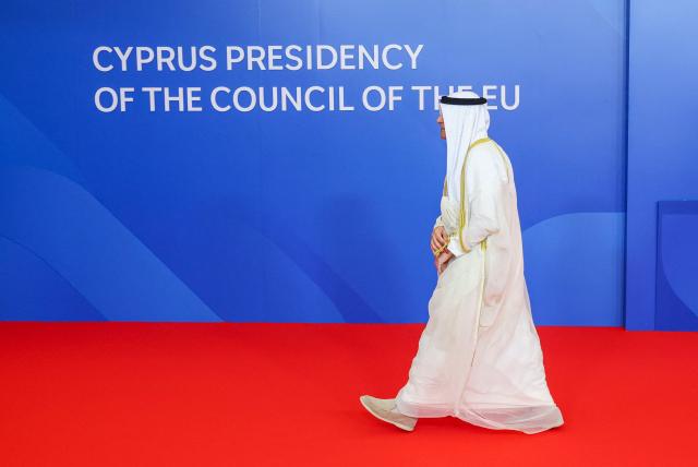 Secretary General of the six-nation Gulf Cooperaetion Council (GCC), Jasem Mohamed al-Budaiwi, arrives for a working session of the European Council during an informal meeting in Nicosia on April 24, 2026. (Photo by Yves Herman / POOL / AFP)