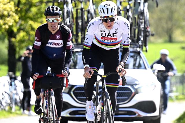 UAE Team Emirates-XRG's Slovenian rider Tadej Pogacar cycles during a track reconnaissance session, ahead of the Liege-Bastogne-Liege one day cycling race, near Liege on April 24, 2026. (Photo by JASPER JACOBS / Belga / AFP) / Belgium OUT