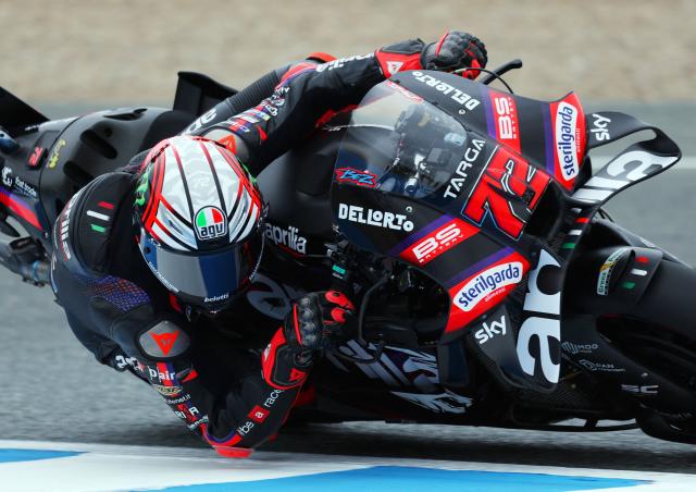 Team Aprilia Racing's Marco Bezzecchi takes a curve during a practice session of the MotoGP Spanish Grand Prix at the Jerez racetrack in Jerez de la Frontera, on April 24, 2026. (Photo by Pierre-Philippe MARCOU / AFP)