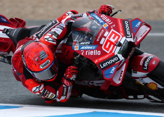 Team Ducati Lenovo Team's Marc Marquez takes a curve during a practice session of the MotoGP Spanish Grand Prix at the Jerez racetrack in Jerez de la Frontera, on April 24, 2026. (Photo by Pierre-Philippe MARCOU / AFP)