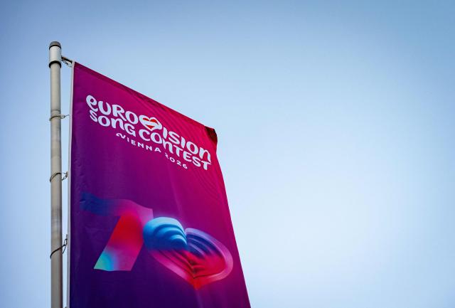 This picture shows an advertisement for the Eurovision Song Contest (ESC) featuring the words “12 Points” on a water fountain, on April 24, 2026, in Vienna, Austria. The Austrian capital Vienna will host the Eurovision Song Contest 2026 from May 12 to 16, 2026. (Photo by Max HERBST / APA / AFP) / Austria OUT