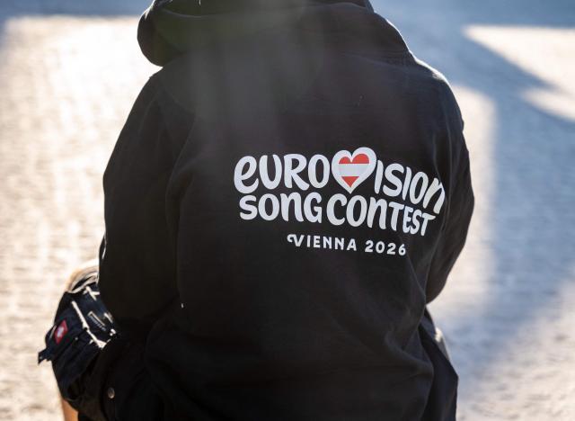 This picture shows advertisement for the Eurovision Song Contest (ESC) on a sweater, on April 24, 2026, in Vienna, Austria. The Austrian capital Vienna will host the Eurovision Song Contest 2026 from May 12 to 16, 2026. (Photo by MAX HERBST / APA / AFP) / Austria OUT