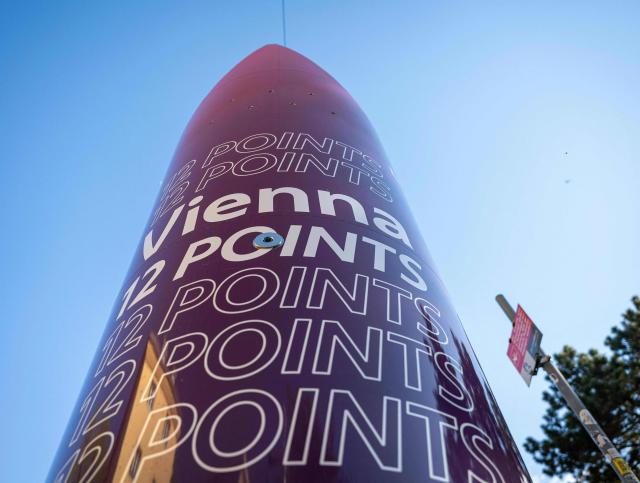 This picture shows advertisement for the Eurovision Song Contest (ESC) featuring the words “12 Points” on a water fountain on April 24, 2026, in Vienna, Austria. The Austrian capital Vienna will host the Eurovision Song Contest 2026 from May 12 to 16, 2026. (Photo by Max HERBST / APA / AFP) / Austria OUT
