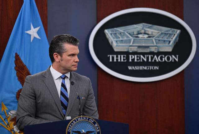 US Defense Secretary Pete Hegseth speaks looks on during a press briefing at the Pentagon in Washington, DC, on April 24, 2026. (Photo by ANNABELLE GORDON / AFP)
