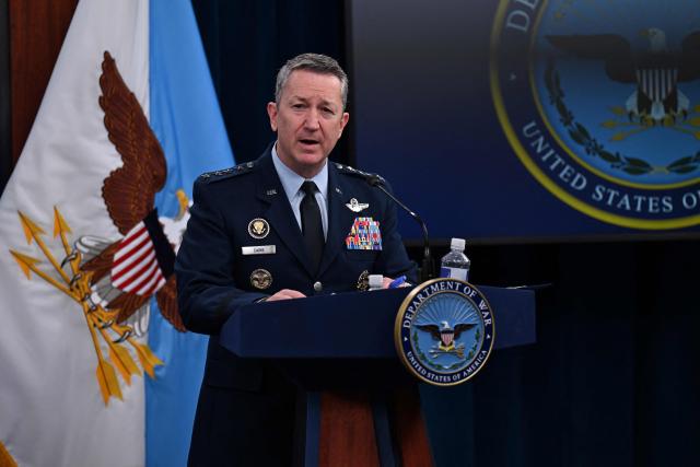 US Chairman of the Joint Chiefs of Staff General Dan Caine speaks during a press briefing at the Pentagon in Washington, DC, on April 24, 2026. (Photo by ANNABELLE GORDON / AFP)