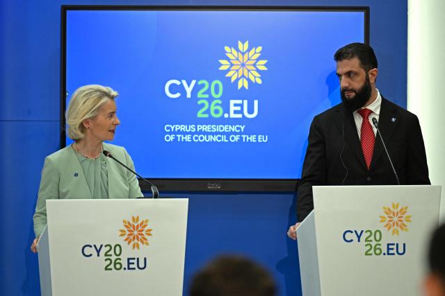 European Commission President Ursula von der Leyen and Syria's President Ahmed al-Sharaa hold a press conference with Lebanon's President Joseph Aoun, Cyprus' President Nikos Christodoulides, European Council President Antonio Costa, after a working session of the European Council and regional partners as part of an informal meeting in Nicosia on April 24, 2026. (Photo by Jewel SAMAD / AFP)