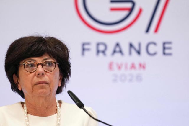 France's Environment Minister Monique Barbut looks on as she addresses the audience during a press conference as part of a G7 Environment Ministers' meeting in Paris on April 24, 2026. (Photo by Dimitar DILKOFF / AFP)