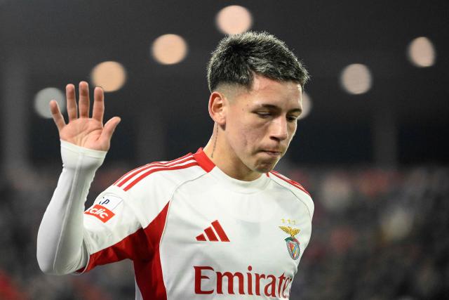 (FILES) SL Benfica's Argentine forward #25 Gianluca Prestianni waves to fans as he leaves the pitch during the Portuguese league football match between Gil Vicente FC and SL Benfica at Cidade de Barcelos stadium in Barcelos on March 2, 2026. UEFA banned Benfica winger Gianluca Prestianni for six matches on April 24, 2026 after a controversial incident in the Champions League clash against Real Madrid in February. The European football governing body said they had taken the decision to ban the Argentine "for discriminatory (i.e. homophobic) conduct", with three of those matches suspended for a two-year probationary period. (Photo by Miguel RIOPA / AFP)